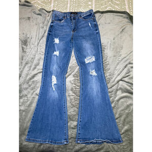 Women's Almost Famous Blue Distressed Flare Jeans Size 11